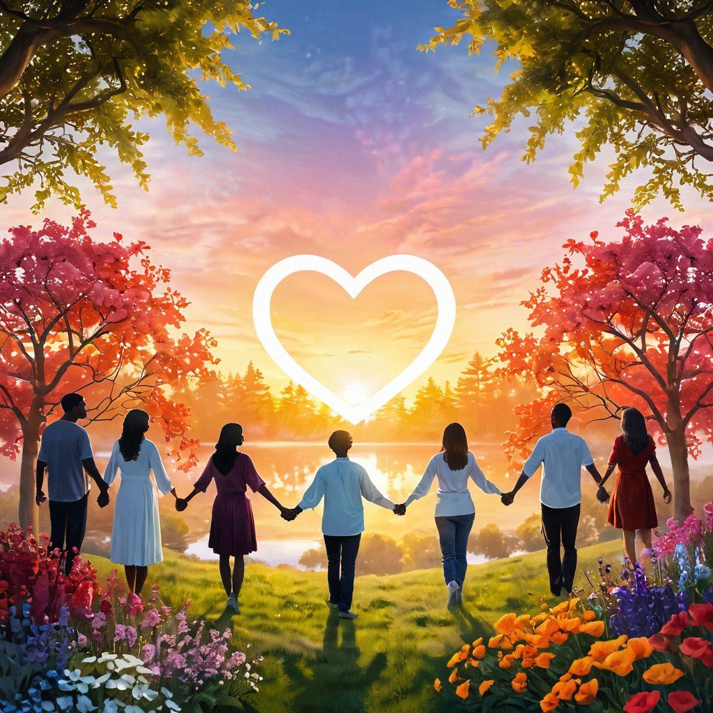 A diverse group of people united in a circle, holding hands and looking towards a glowing heart symbol, surrounded by vibrant flowers representing community support. In the background, a serene landscape symbolizes hope and healing. Soft, warm lighting enhances the feeling of togetherness and care. super-realistic. vibrant colors. tranquil background.