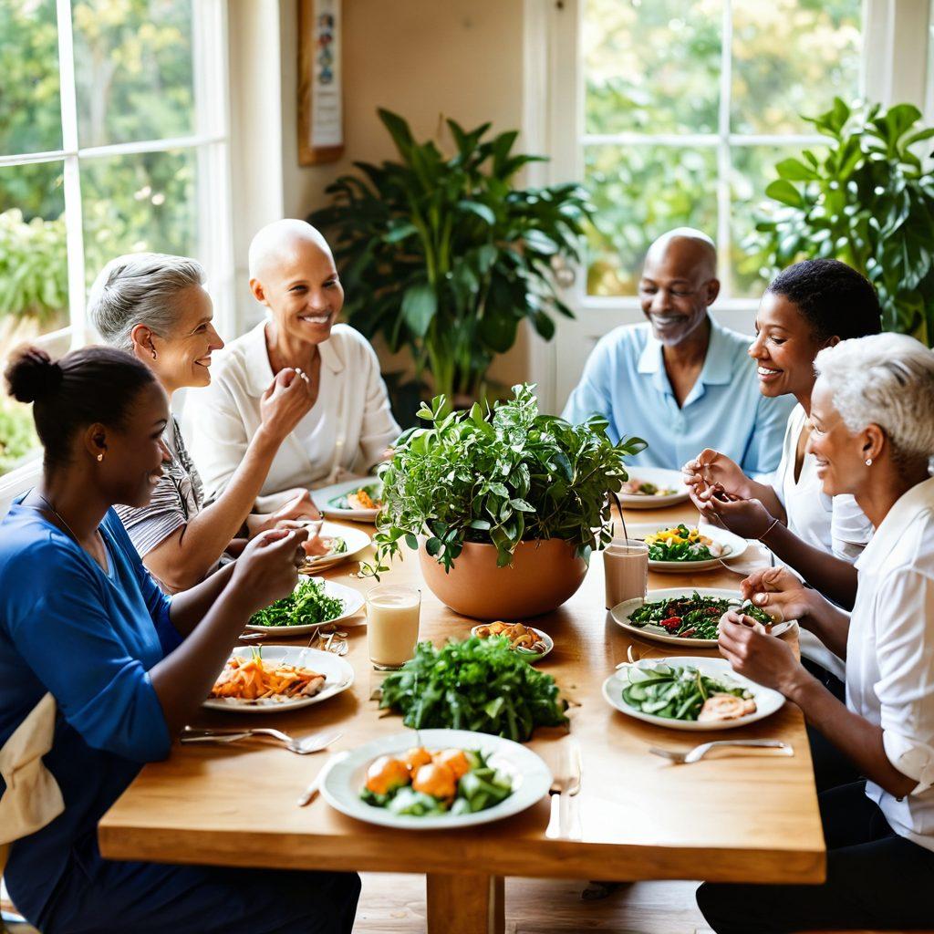 A warm, inviting scene depicting a diverse group of cancer survivors sharing a healthy meal together at a sunlit table, surrounded by uplifting plants and supportive friends. Incorporate elements like nutritious food, a support group discussion in the background, and symbols of early detection like awareness ribbons. The atmosphere should exude hope, strength, and community. soft focus, vibrant colors, natural light.