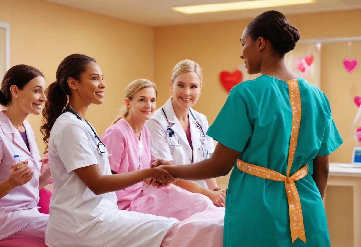 A serene scene depicting a diverse group of people being screened for early cancer detection, representing hope and proactive care. Include a healthcare professional engaging warmly with patients in a bright, inviting medical facility, with symbols of support like ribbons and hearts in the background. Use warm, uplifting colors to emphasize the transformation in lives through early detection. super-realistic. vibrant colors. soft lighting.